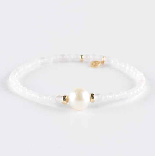 Y&G edelstenen armband | Zoetwaterparel, rozenkwarts & 14k goud