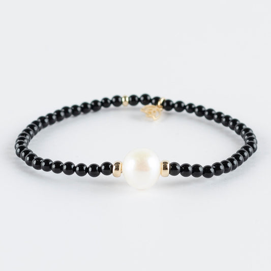 Y&G edelstenen armband | Zoetwaterparel, onyx & 14k goud