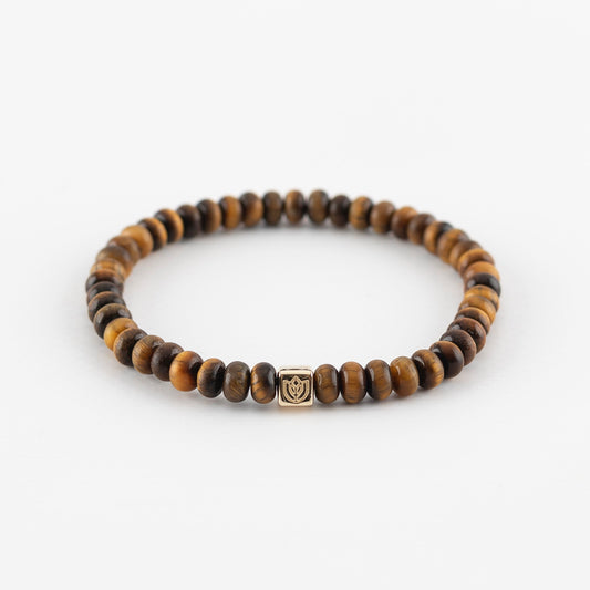 Y&G Men edelstenen armband | Tijgeroog & 14k geelgouden cube