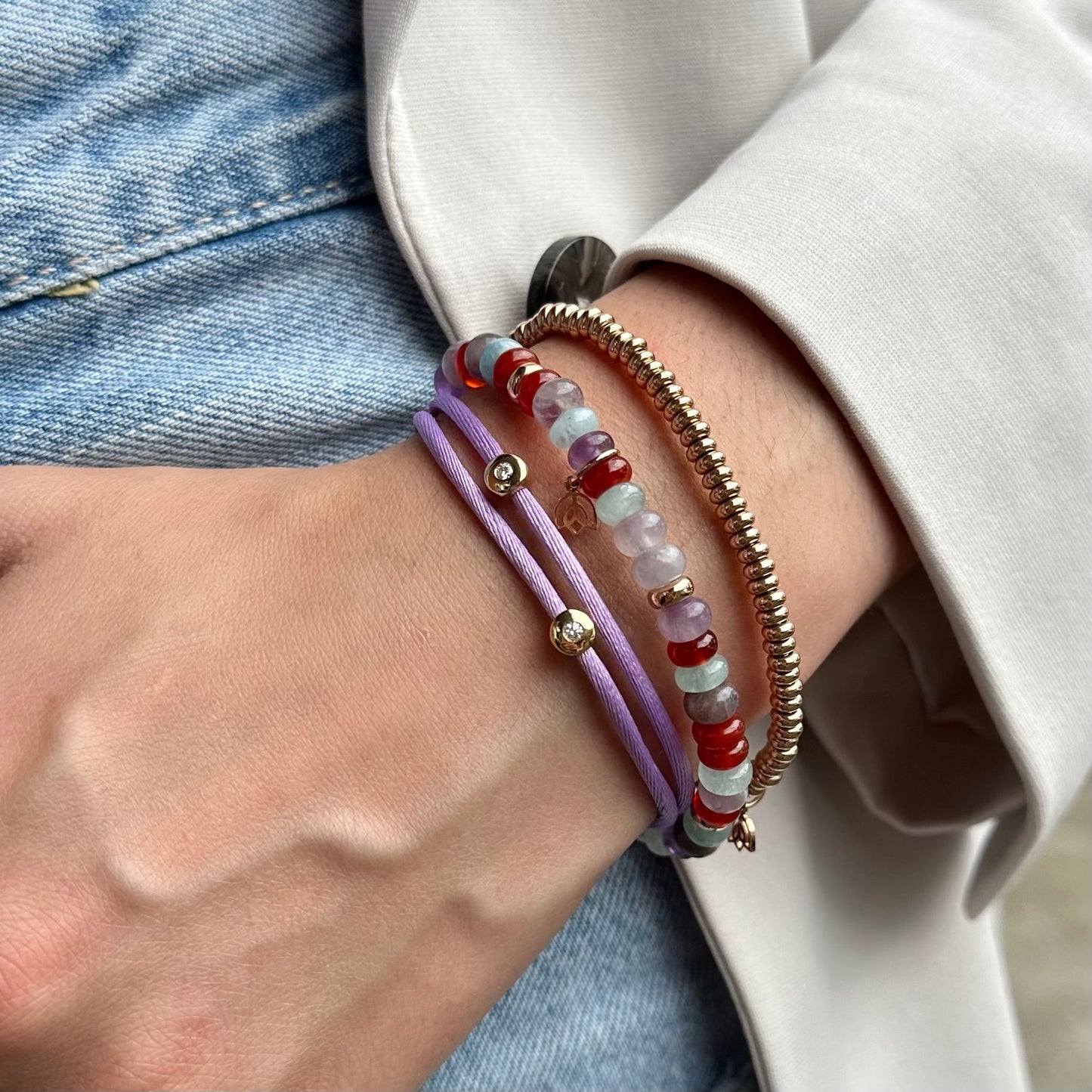 Y&G Satijnkoord armband | Twee diamanten 0,03