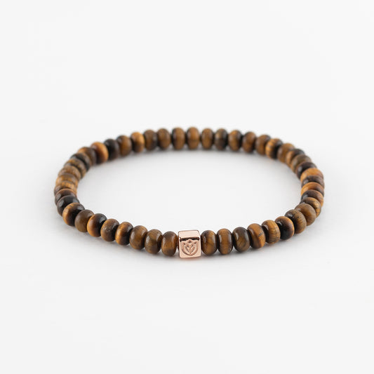 Y&G Men edelstenen armband | Tijgeroog & 14k roségouden cube