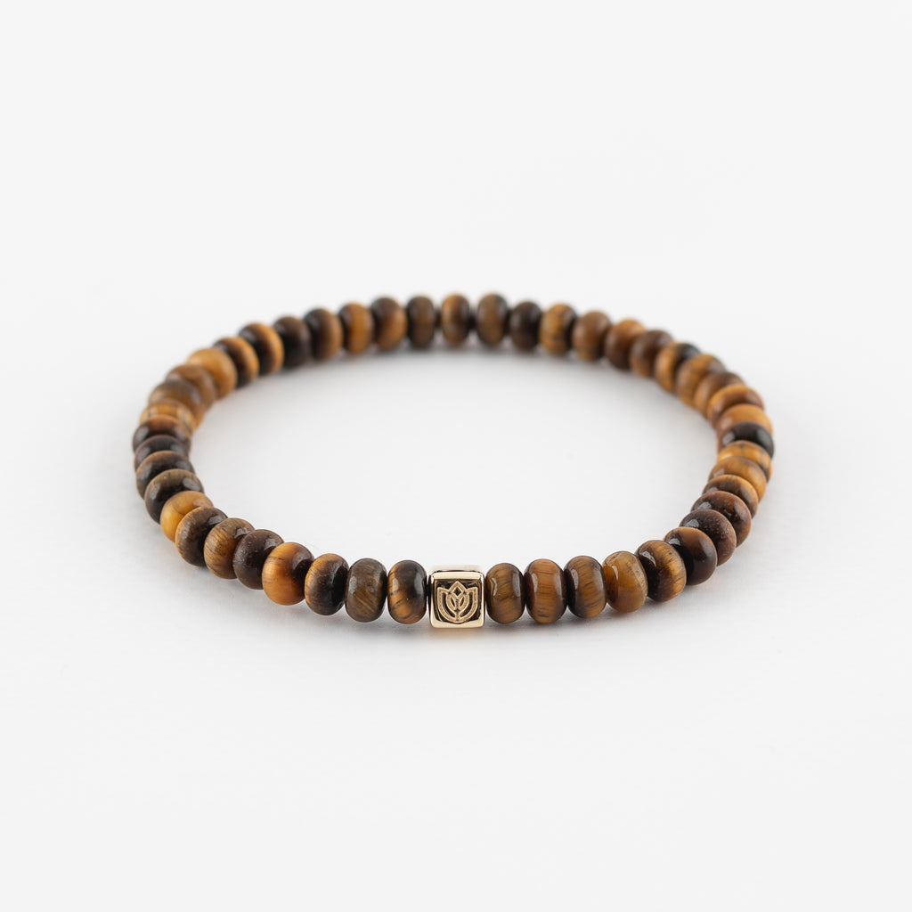 Y&G Men edelstenen armband | Tijgeroog & 14k gouden cube